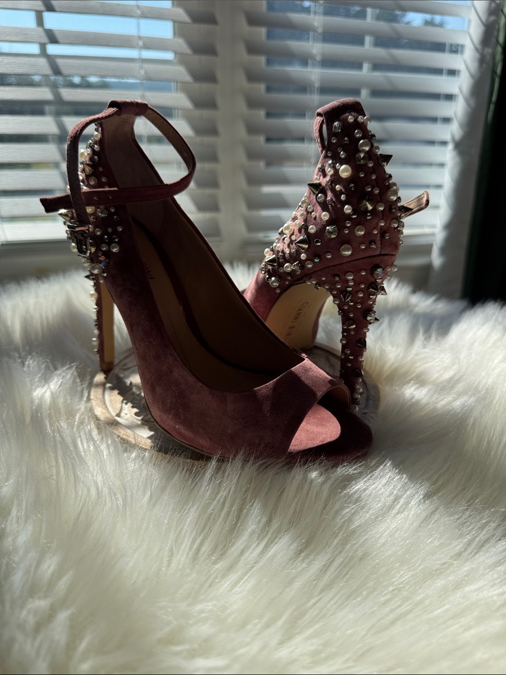 Gianni Bini Blush kiss/ Suede Pearl & Stud Embellished Ankle-Strap Heels